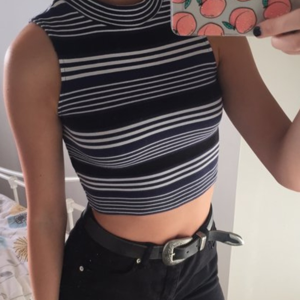 Cropped striped high neck tank top